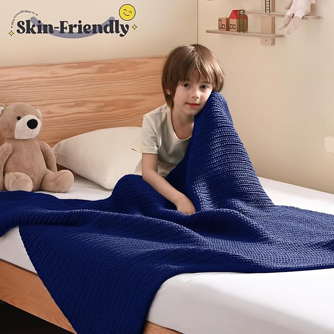 Guohaoi Knitted Weighted Blanket Kids (Blue 40"x60" 10lbs) No Beads Cooling Heavy Blanket, Home Decor Breathable Chunky Knit Throw Blanket for All-Season Use