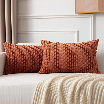 Kevin Textile Pack of 2 Fall Corduroy Decorative Throw Pillow Covers 12x20 Inch Soft Boho Striped Pillow Covers Modern Farmhouse Home Decor for Sofa Living Room Couch Bed Rust