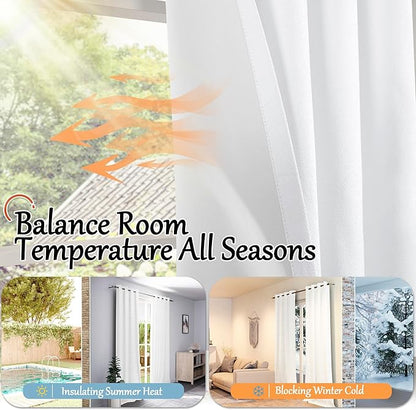 Blackout Curtains for Bedroom 63 Inch Length 2 Panels Set, Thermal Insulated 100% Black Out Privacy Soundproof Grommet Farmhouse Linen Window Curtains for Living Room Darkening, White, Each 52”Wide