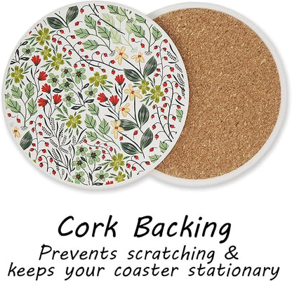 AD Set of 6 Coasters for Drinks Absorbing Round Ceramic Stone Coaster with Cork Base,Tabletop Protection Mat for Mugs and Cups,Office,Kitchen (Bontanicals with Holder)