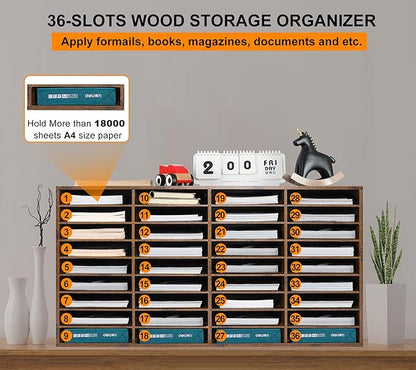 TQVAI Literature Organizer, Heavy Duty 36 Compartments Countertop Mail Organizer with Adjustable Shelves, Wooden Desk Paper Storage Organizer, Mailboxes Cubbies for Office, Classroom, Anqitue