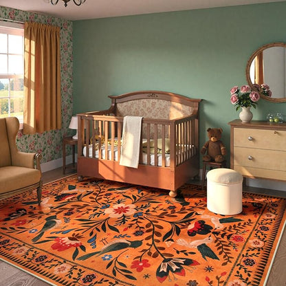 Moynesa Washable 8x10 Area Rugs for Living Room Bedroom Dining Room, Bohemian Scandinavian Modern Country Aesthetic Floral Bird Medallion Carpet, Fall Home Decor Open Floor Areas Protection Non-Slip