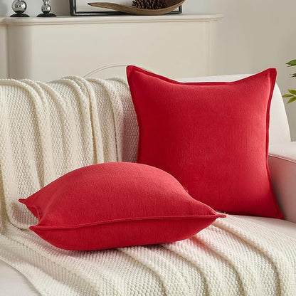 FUTEI Christmas Red Chenille Throw Pillow Covers 16x16 Inch Set of 2,Edges Double-Stitched Cushion Cases,Modern Home Decor for Couch Living Room