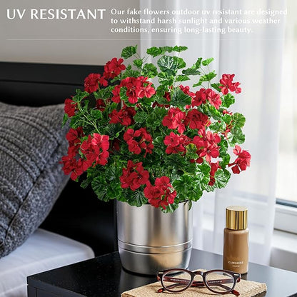 Artificial Flowers for Outdoors 17.7In Artificial Geraniums for Indoor Fake Flowers Uv Resistant Artificial Outdoor Flowers Suitable for Indoor Home Decoration Outdoor Garden Decor 8PCS，Red