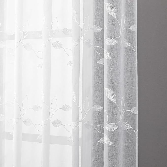Tollpiz White Leaf Sheer Tier Curtains Short Kitchen Leaves Embroidered Curtain Rod Pocket Voile Bathroom Window Treatments for Farmhouse, 30 x 30 inches Long, Set of 2 Panels