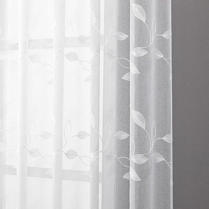 Tollpiz White Leaf Sheer Curtain Leaves Embroidered Living Room Curtains Rod Pocket Voile Window Treatment for Bedroom, 54 x 72 inches Long, Set of 2 Panels