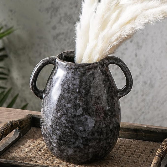 Ceramic Modern Farmhouse Vase with 2 Handles, Black Ceramic Vases for Home Decor, Rustic Pottery Vase, Decorative Terracotta Flower Vases, Clay Jug for Table Living Room Shelf Mantel Decor