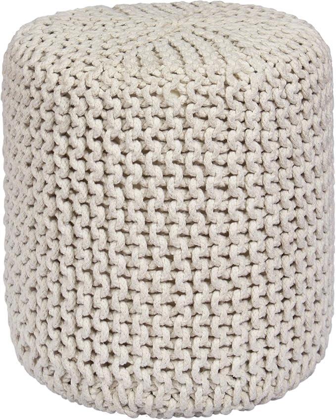 COTTON CRAFT Braided Round Pouf - Hand Knitted Cotton Cord Cable Dori Cylindrical Floor Pouf - Foot Stool - Ottoman - Footrest - Accent Seat - Living Room Bedroom Dorm Décor - 15 Round x 16 H - Ivory