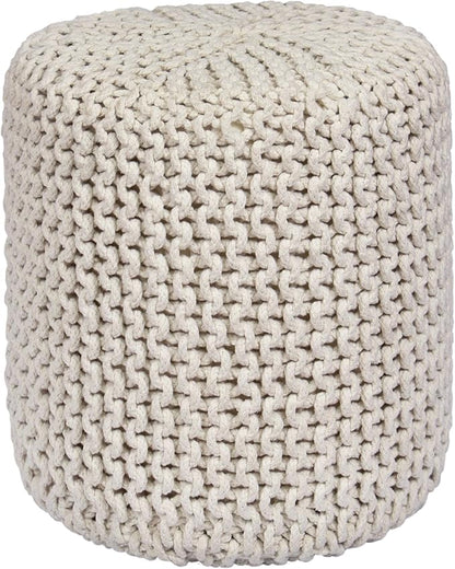 COTTON CRAFT Braided Round Pouf - Hand Knitted Cotton Cord Cable Dori Cylindrical Floor Pouf - Foot Stool - Ottoman - Footrest - Accent Seat - Living Room Bedroom Dorm Décor - 15 Round x 16 H - Ivory