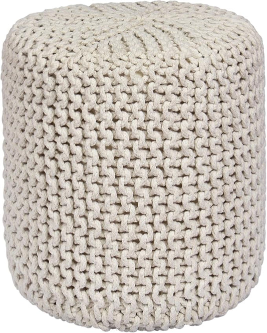 COTTON CRAFT Braided Round Pouf - Hand Knitted Cotton Cord Cable Dori Cylindrical Floor Pouf - Foot Stool - Ottoman - Footrest - Accent Seat - Living Room Bedroom Dorm Décor - 15 Round x 16 H - Ivory