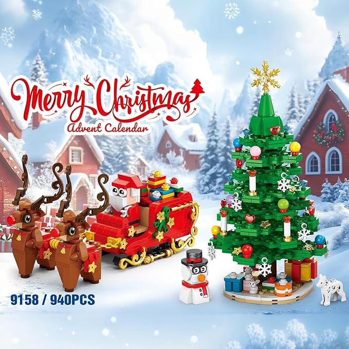 Advent Calendar 2025 Christmas Tree Building Blocks Set - 24 Day Countdown Calendar with Xmas Tree & Santa Sleigh Building Kits, Christmas Decorations Gifts for Girls Boys (940 PCS)