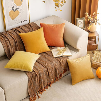 EMEMA Fall Lemon Yellow Velvet Throw Pillow Covers 20x20 Inch Set of 2 Decorative Square Pillowcase Soft Solid Cushion Case for Couch Sofa Bedroom Livingroom