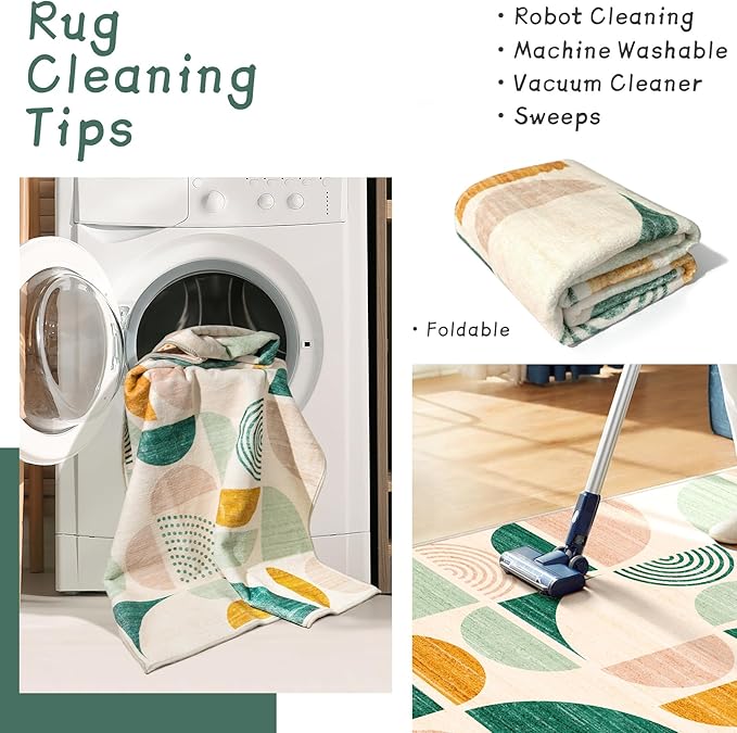 MUJOO Green Rug Boho Washable,4x6.5 Area Rugs for Bedroom Entryway Living Room Bedside,Small Throw Floor Carpet Non Slip Soft Indoor Modern Abstract Sage Green