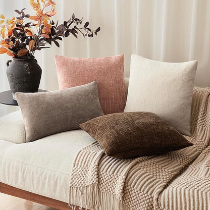 Foindtower Pack of 2 Textured Chenille Throw Decorative Pillow Covers Square Accent Solid Cushion Cover Neutral Farmhouse Pillow Case for Couch Sofa Bedroom Living Room 22x22 Inch,Dusty Pink