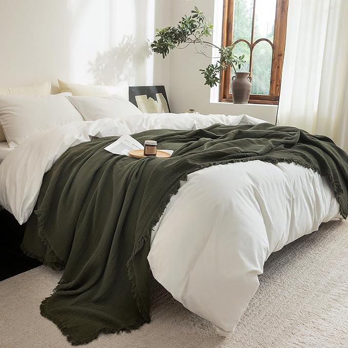 FOSSA Muslin Blanket with Fringe - 4-Layer 100% Cotton Gauze Super Soft & Breathable Throw -Lightweight Decorative Cooling Blanket for Bed, Sofa, Office (Olive Green, King (104" × 90"))