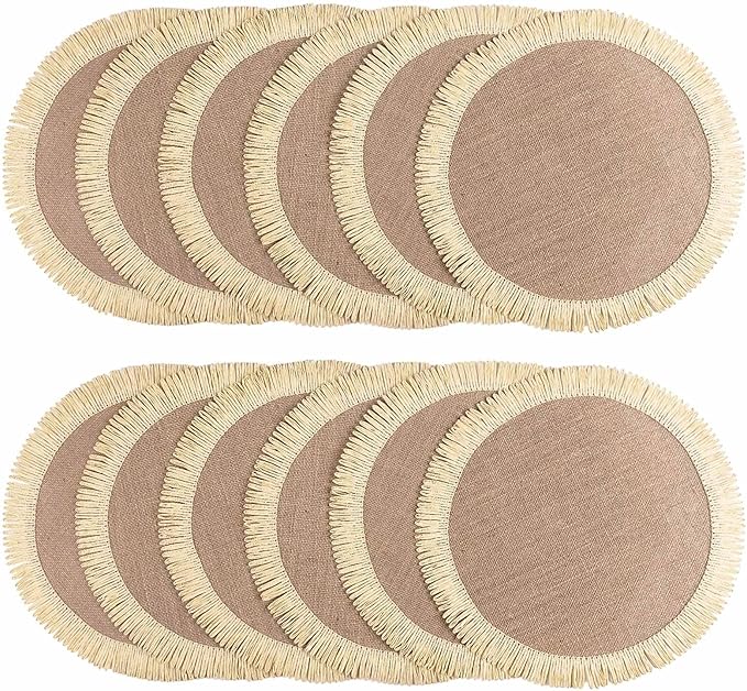 FunWheat 15 Inch Round Jute Placemats Set of 12, Braided Burlap Table Mats for Dining Table, Heat Resistant Farmhouse Woven Placemats for Fall Farmhouse Decor (Coarse-Edged Sunflower)
