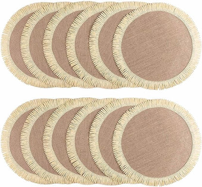 FunWheat 15 Inch Round Jute Placemats Set of 12, Braided Burlap Table Mats for Dining Table, Heat Resistant Farmhouse Woven Placemats for Fall Farmhouse Decor (Coarse-Edged Sunflower)