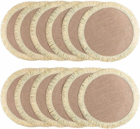 FunWheat 15 Inch Round Jute Placemats Set of 12, Braided Burlap Table Mats for Dining Table, Heat Resistant Farmhouse Woven Placemats for Fall Farmhouse Decor (Coarse-Edged Sunflower)