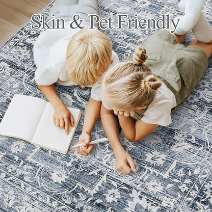 Area Rugs 5x7 for Living Room, Floral Washable Rugs for Dining Room, Bedroom, Kitchen, Vintage Non-Slip Thin Area Rug(Blue, 5'x7')