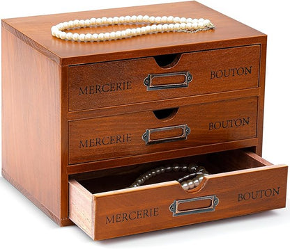 Wesiti 3 Drawer Apothecary Cabinet - Vintage Wooden Desk Organizer - Library Card Catalog Wood Storage Box - Office Desktop Dresser for Stationery, Thread Embroidery, Sewing, Crafts, Junk & Supplies