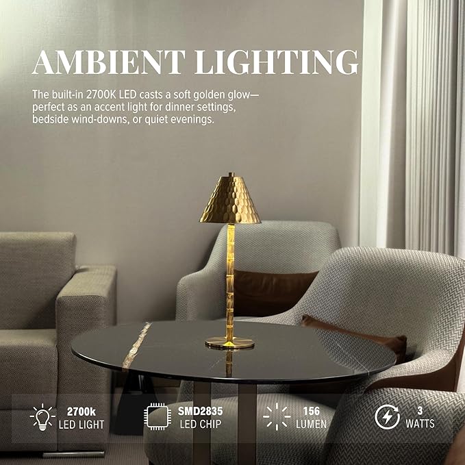 Bamboo Cordless LED Table Lamp – Rechargeable 24-Hour Battery, Dimmable Warm Light, 15" Portable Wireless Lamp with Remote for Indoor/Outdoor Use, Home, Patio, Restaurant – Textured Gold