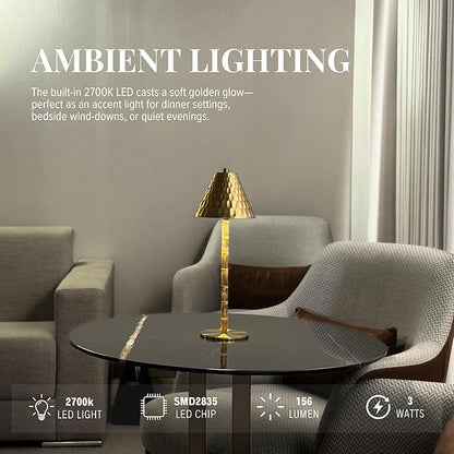 Bamboo Cordless LED Table Lamp – Rechargeable 24-Hour Battery, Dimmable Warm Light, 15" Portable Wireless Lamp with Remote for Indoor/Outdoor Use, Home, Patio, Restaurant – Textured Gold