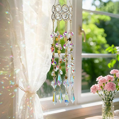 H&D HYALINE & DORA 15.5 Inch Crystal Suncatcher Hanging Window Sun Catcher with Colorful Beads Chain Gold-Plated Rainbow Maker for Indoor Outdoor Garden Christmas Decoration