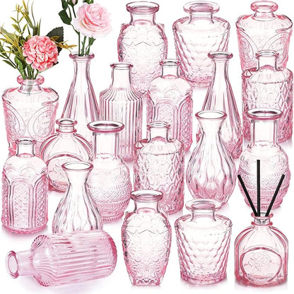 Inbagi Glass Vase Set, 20 Pcs Vintage Flower Vases in Bulk, Different Shapes and Sizes, Pink, for Decorative Centerpieces, Rustic Home Christmas Decoration