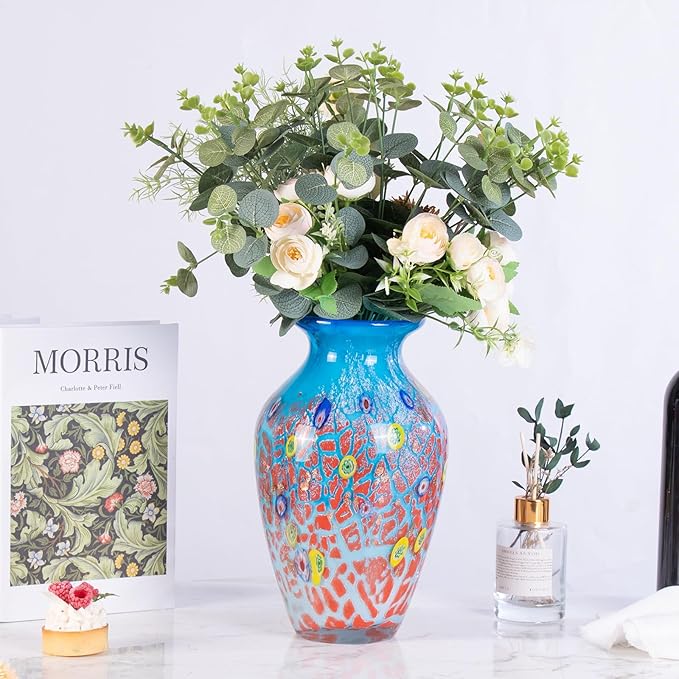 Glass Vases for Flower, Unique Hand Blown Blue Glass Vase, Modern Art Decorative for Home Living Room, Office, Table centerpieces, Bookshelves and Wedding Decorations (JG32)