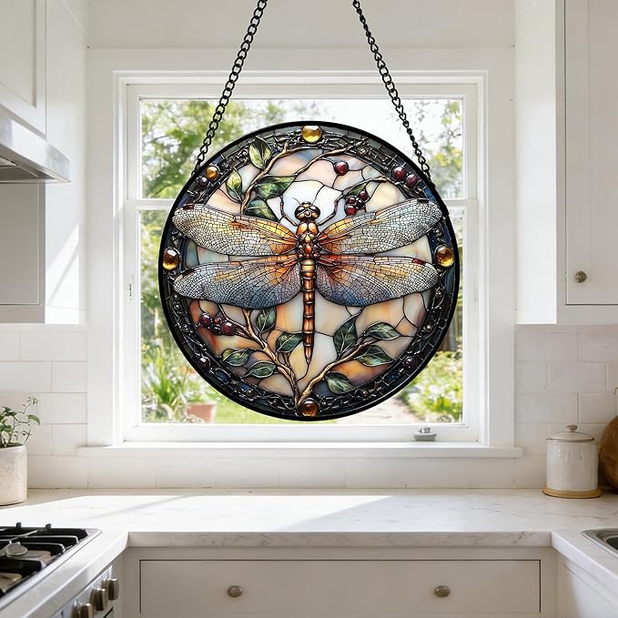 DASTOLL Stained Glass Window Hanging - Dragonfly Plant Suncatcher Ready to Hang Window Doors Home Decoration, Christmas, Mother's Day Birthday Gifts for Women, Men, and Mom 7.8x7.8 in