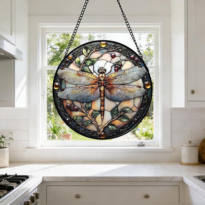 DASTOLL Stained Glass Window Hanging - Dragonfly Plant Suncatcher Ready to Hang Window Doors Home Decoration, Christmas, Mother's Day Birthday Gifts for Women, Men, and Mom11.8x11.8 in