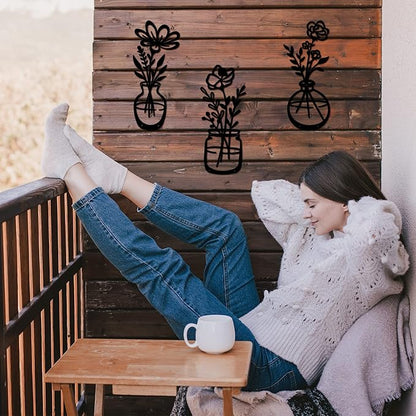 3 Pieces Black Metal Flowers Wall Decor Stocking Stuffers for Teen Girls Christmas Birthday Gifts for Women Wall Art Metal Wall Sculptures Hanging for Indoor Kitchen Bathroom Bedroom living room 14.56x5.9 inches