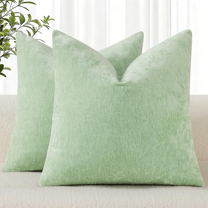 decorUhome Chenille Sage Green Spring Throw Pillow Covers 24x24 Inch Set of 2, Decorative Soft Couch Pillow Covers Solid Dyed Accent Farmhouse Neutral Square Pillow Cases for Sofa
