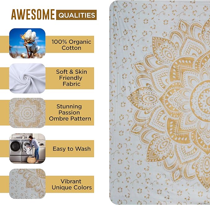 raajsee Metallic Gold Tapestry Mandala Wall Hangings, Indian Cotton Beach Throw Blanket, Hippie Tapestries Boho Decor,Twin Bedspread Yoga Meditation Mat Rugs 52 x 60 Inches