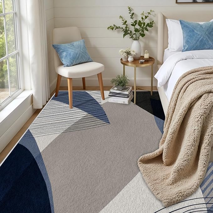 Abstract Art Line Living Room Area Rugs 2x3, Modern Boho Geometric Print Soft Rug, Minimalist Washable Non Slip Neutral Carpet for Bedroom, Dining Room Office Playroom, Navy Blue Gray