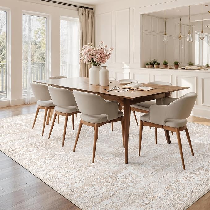 8x10 Area Rugs for Living Room, Stain Resistant Washable Rug for Dining Room, Bedroom, Floral Vintage Non-Slip Thin Carpet Beige