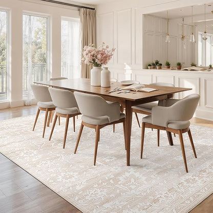 8x10 Area Rugs for Living Room, Stain Resistant Washable Rug for Dining Room, Bedroom, Floral Vintage Non-Slip Thin Carpet Beige