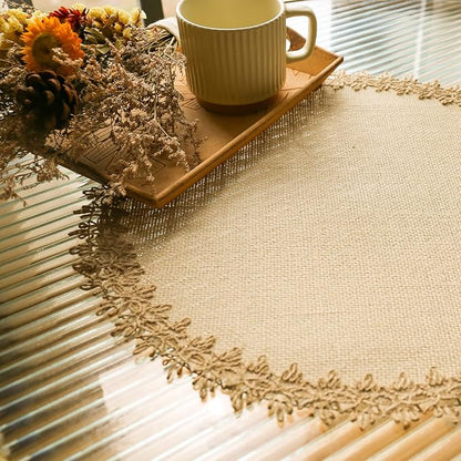 FunWheat Burlap Round Braided Placemats Set of 12 for Dining Tables 15 Inch Heat Resistant Jute Table Mats Farmhouse Woven Fabric Natural Place mats for Fall Decoration(Jute Lace)