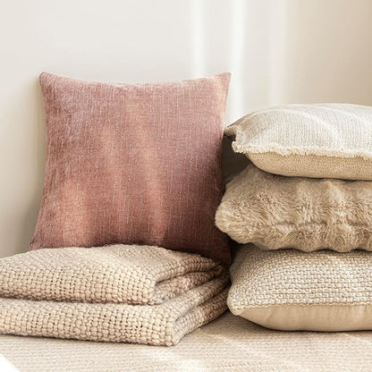 Foindtower Pack of 2 Textured Chenille Throw Decorative Pillow Covers Square Accent Solid Cushion Cover Neutral Farmhouse Pillow Case for Couch Sofa Bedroom Living Room 22x22 Inch,Dusty Pink