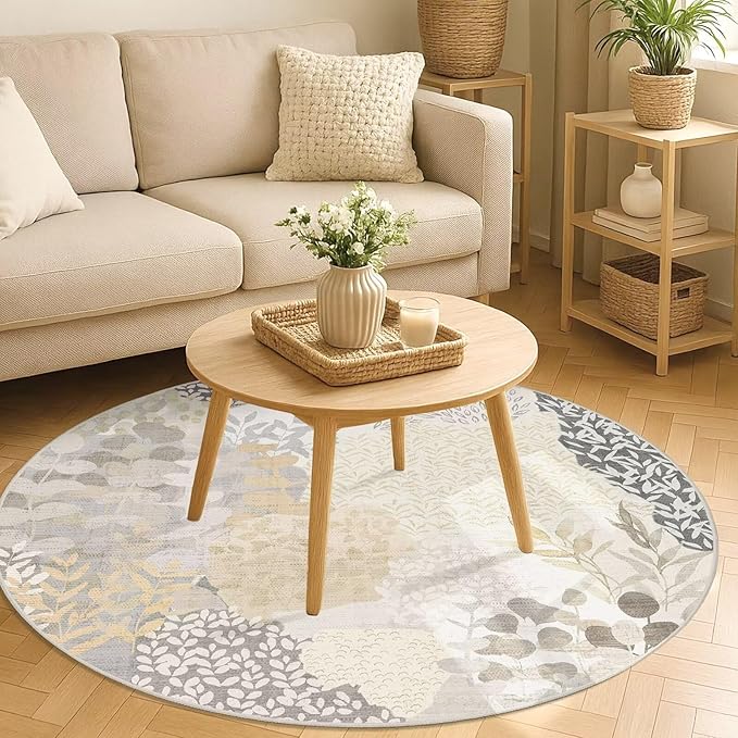 DEXDE Round Rug 5ft Washable Circle Area Rugs, Non Slip Low Pile Boho Floral Large Circular Carpet for Bedroom Bathroom Entryway Kids Room Office Dining Room, Gray