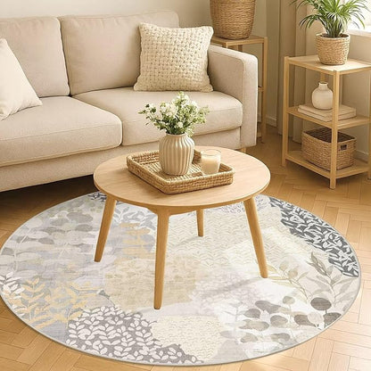 DEXDE Round Rug 5ft Washable Circle Area Rugs, Non Slip Low Pile Boho Floral Large Circular Carpet for Bedroom Bathroom Entryway Kids Room Office Dining Room, Gray