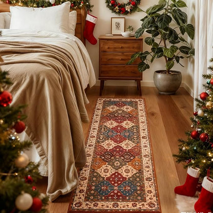 Lessymo Washable Runner Rug 2x6, Moroccan Faux Wool Runner Rug Non Slip for Hallways Kitchen Entryway Laundry Room Bedroom Bathroom, Low Pile, Kid & Pet Friendly, Classic Red and Cream