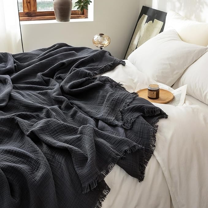 FOSSA Muslin Blanket with Fringe - 4-Layer 100% Cotton Gauze Super Soft & Breathable Throw -Lightweight Decorative Cooling Blanket for Bed, Sofa, Office (Dark Gray, King (104" × 90"))