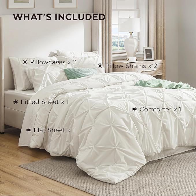 Bedsure Queen Comforter Set Ivory - Bed in a Bag Queen Size Bedding 7 Pieces, GentleSoft™ Pintuck Bed Set Gift for Family, Pinch Pleat All Season Comforter with Sheets, Pillowcases & Shams