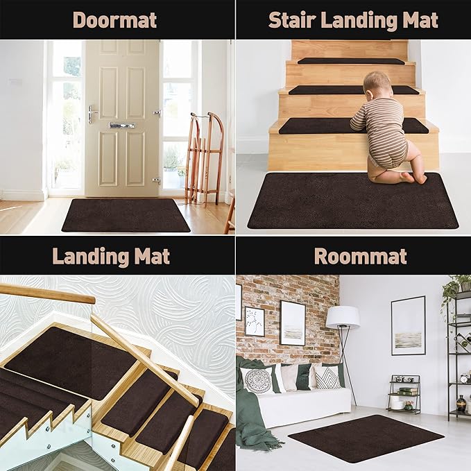 PURE ERA Carpet Stair Tread Landing Mat Area Rug Ultra Plush Shag Soft Non Slip Skid Resistant Tape Free Indoor Doormat Washable Reusable Dark Brown 2' X 3'