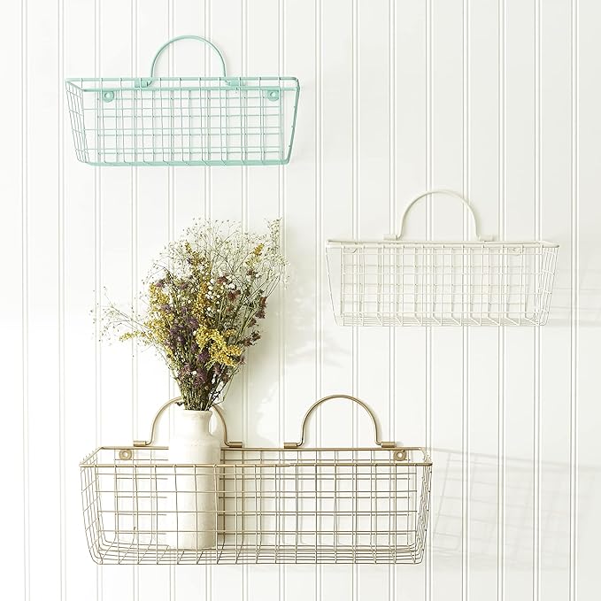 DII Farmhouse Vintage Decor, Wire Wall Basket, Small, Antique White, 2 Piece