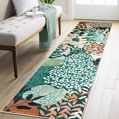DEXDE Runner Rug 2x8, Washable Hallway Boho Soft Area Rugs Abstract Long Non Slip Leaves Floral Vintage Floor Carpet for Entryway Kitchen Laundry Bathroom Bedroom, Dark Green