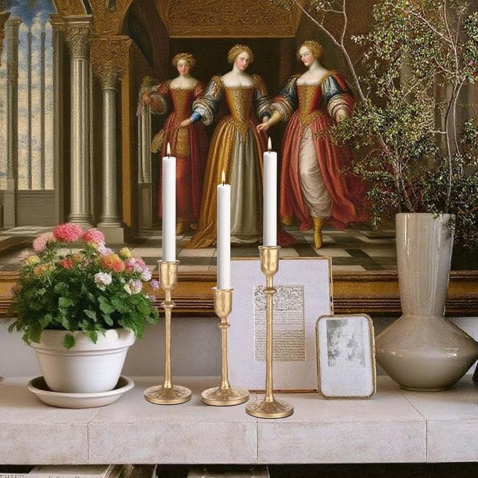 Antique Brass Iron Taper Candle Holder - Set of 3 Decorative Candle Stand, Candlestick Holder for Wedding, Dinning, Party