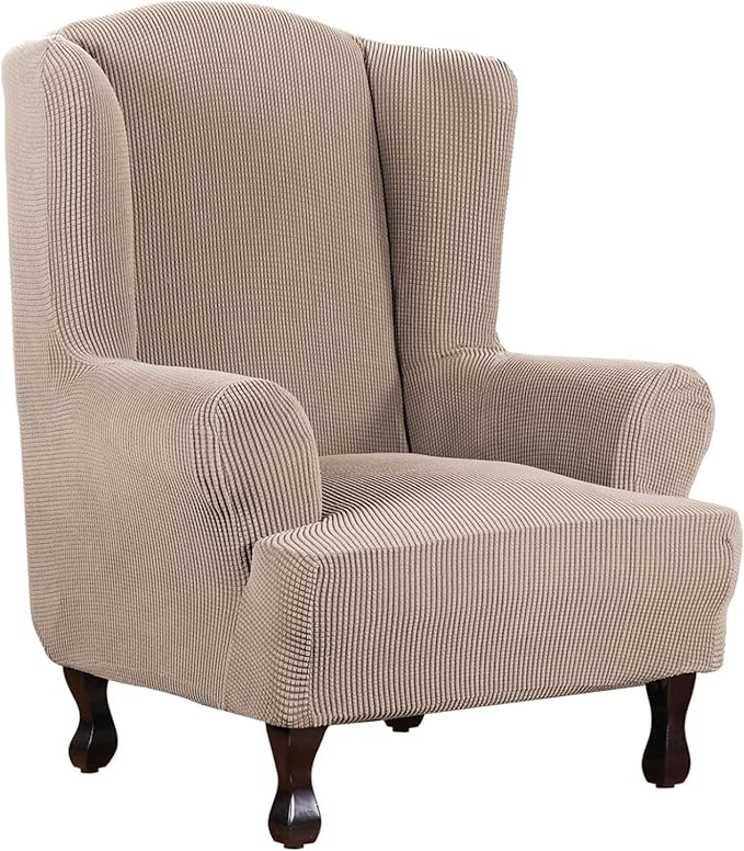 H.VERSAILTEX Wing Chair Slipcover Chair Covers for Wingback Chairs Wingback Chair Covers Slipcovers 1 Piece Stretch Sofa Cover Furniture Protector Soft Spandex Jacquard Checked Pattern, Sand