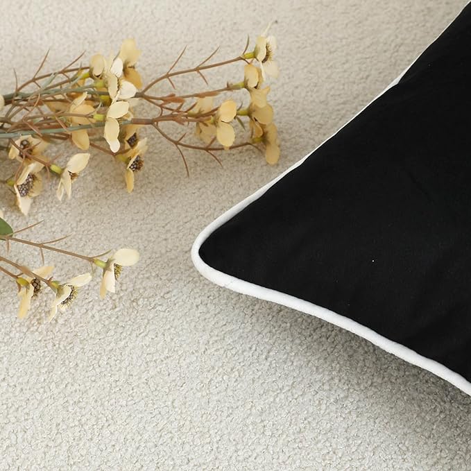 LIGICKY Long Lumbar Pillow Cover 14x36 inch Black Velvet White Rope Edging Throw Pillow Covers Decorative Rectangular Body Pillow Case Accent Textured Cushion Cover for Bed Couch (Cover Only)